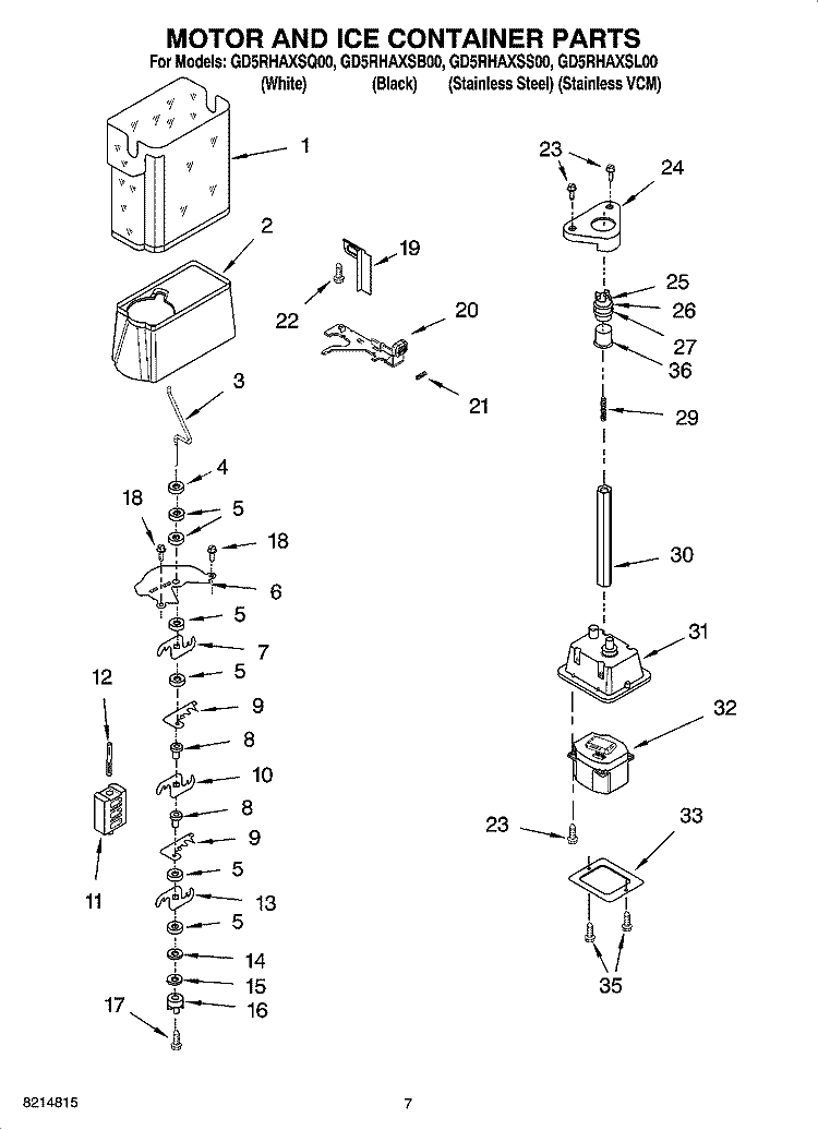 MOTOR AND ICE CONTAINER PARTS Diagram and Parts List for GD5RHAXSL00  Whirlpool Refrigerator