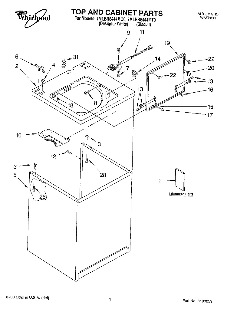 TOP AND CABINET PARTS Diagram and Parts List for 7MLBR8444MQ0  Whirlpool Washer