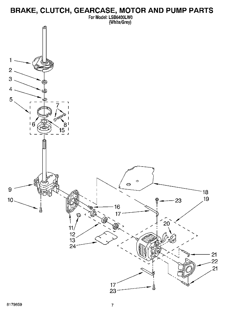 BRAKE, CLUTCH, GEARCASE, MOTOR AND PUMP Diagram and Parts List for LSB6400LW0  Whirlpool Washer