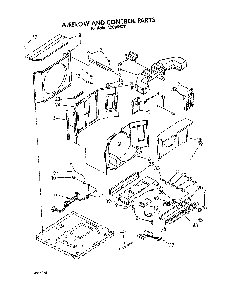 AIRFLOW AND CONTROL Diagram and Parts List for ACQ102XZ0  Whirlpool Air Conditioner