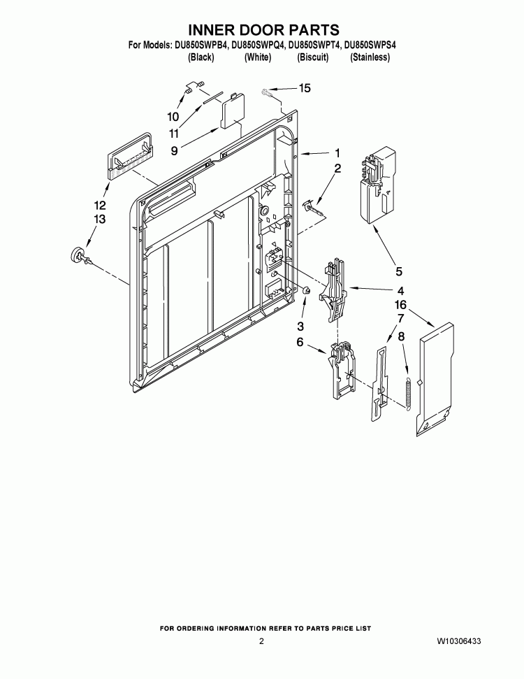 INNER DOOR PARTS Diagram and Parts List for DU850SWPB4  Whirlpool Dishwasher