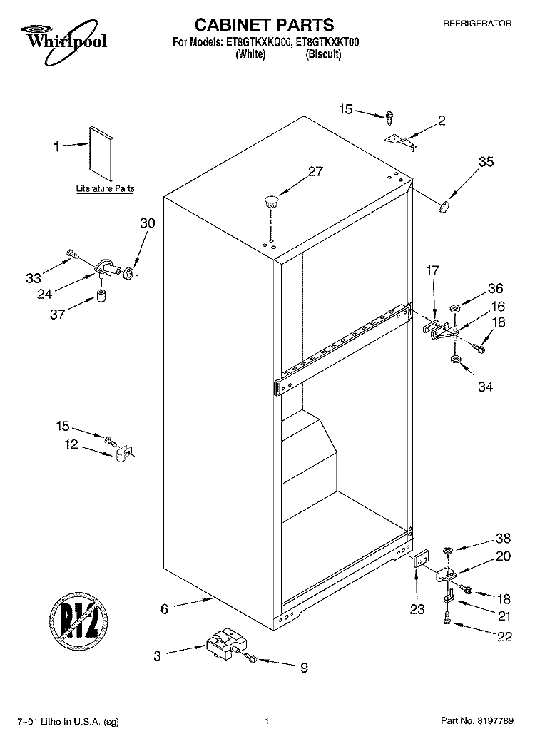 CABINET, LITERATURE Diagram and Parts List for ET8GTKXKT00  Whirlpool Refrigerator