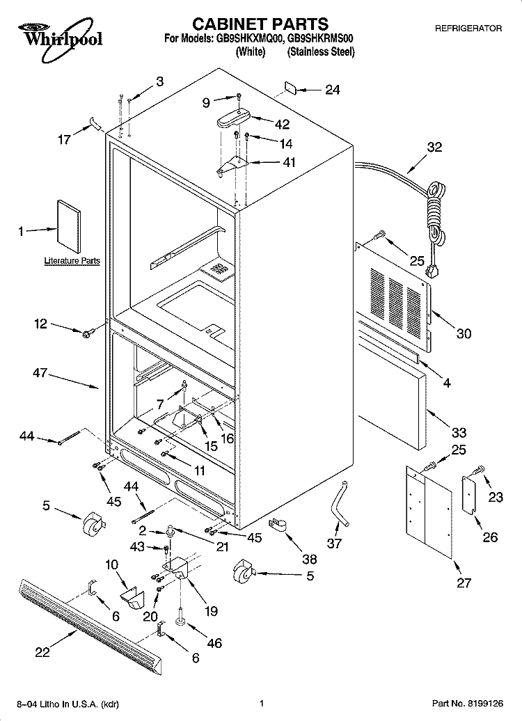 CABINET PARTS Diagram and Parts List for GB9SHKRMS00  Whirlpool Refrigerator