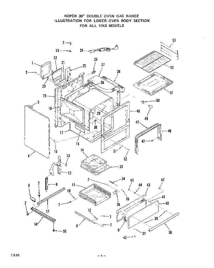 LOWER OVEN BODY Diagram and Parts List for 1743W0A  Roper Range