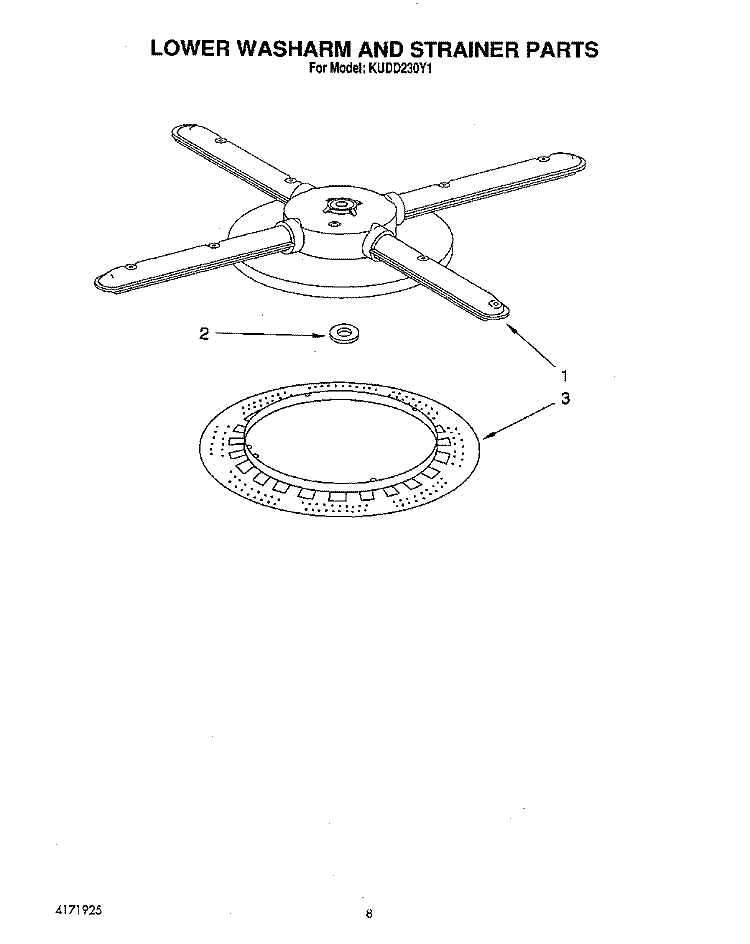 LOWER WASHARM AND STRAINER Diagram and Parts List for KUDD230Y1  KitchenAid Dishwasher