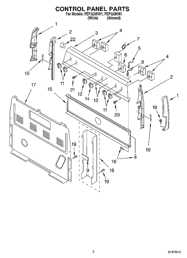 CONTROL PANEL PARTS Diagram and Parts List for FEP320KW1  Roper Range