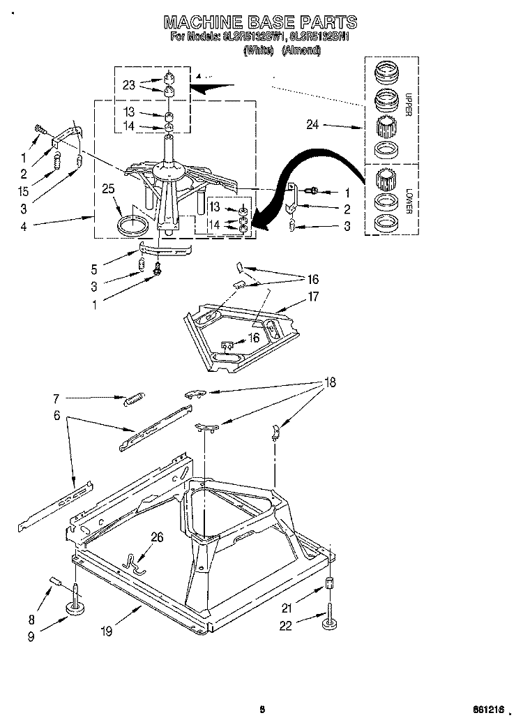 MACHINE BASE Diagram and Parts List for 8LSR5132BW1  Whirlpool Washer