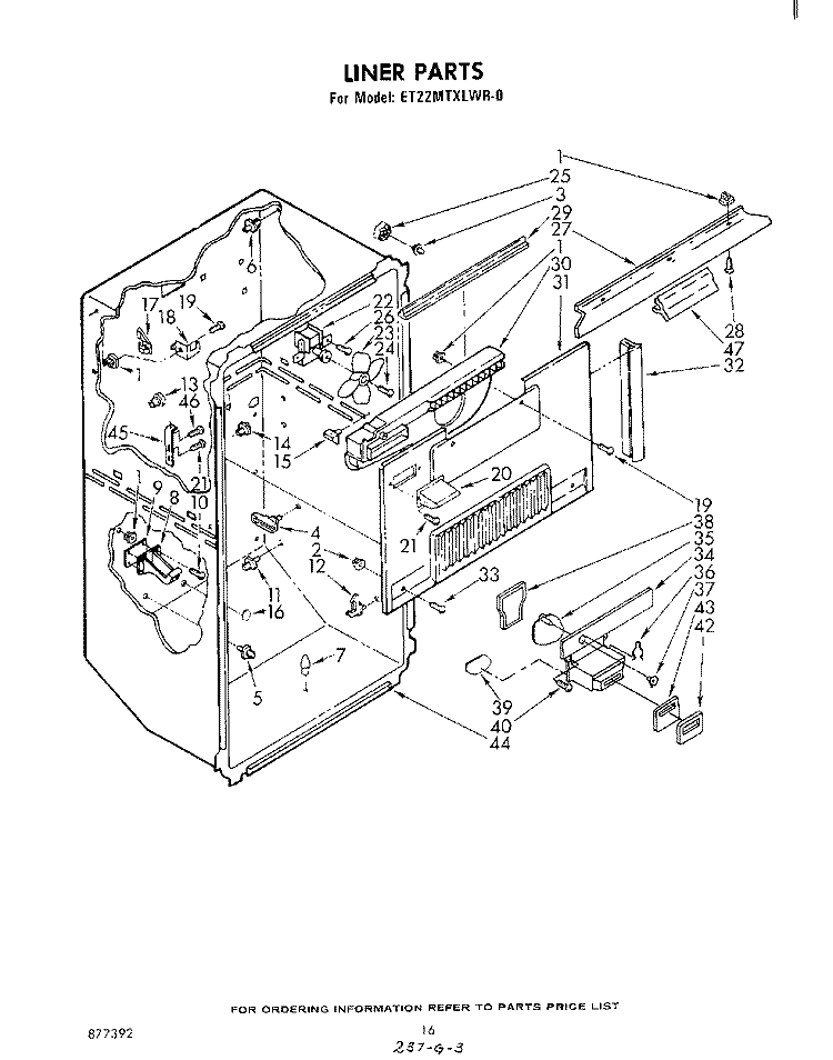 LINER , PARTS NOT ILLUSTRATED Diagram and Parts List for ET22MTXLWR0  Whirlpool Refrigerator