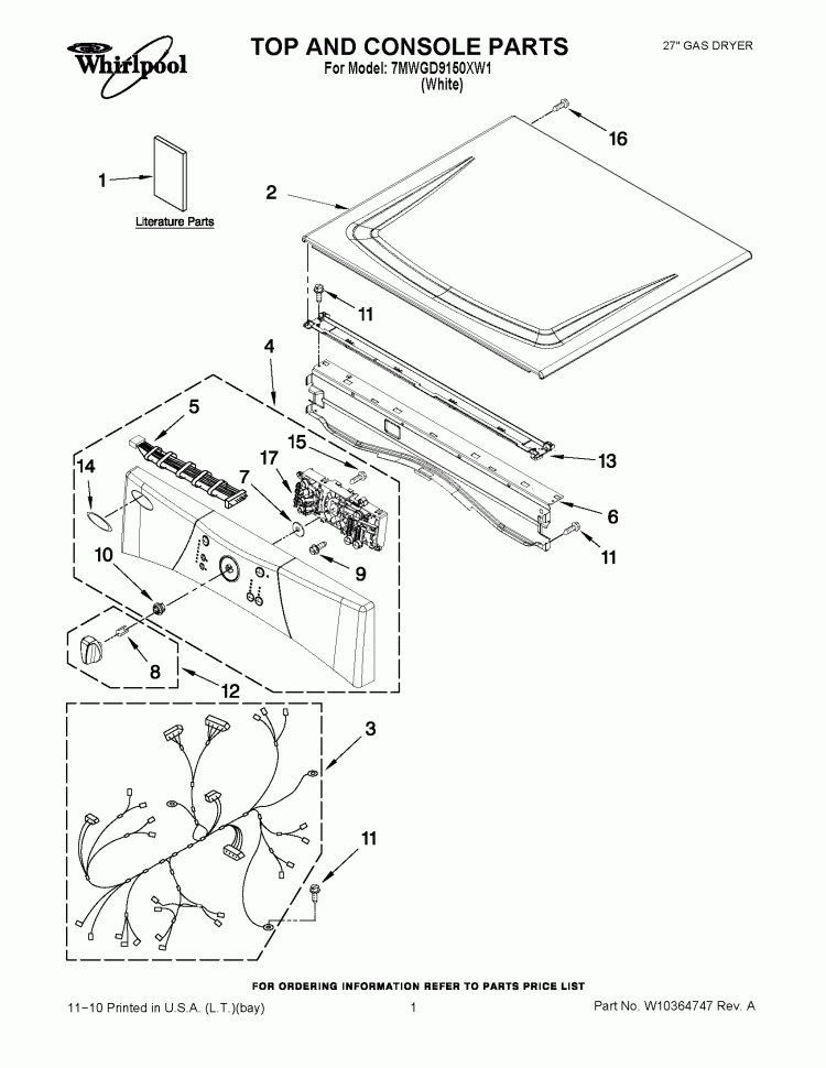 TOP AND CONSOLE PARTS Diagram and Parts List for 7MWGD9150XW1  Whirlpool Dryer
