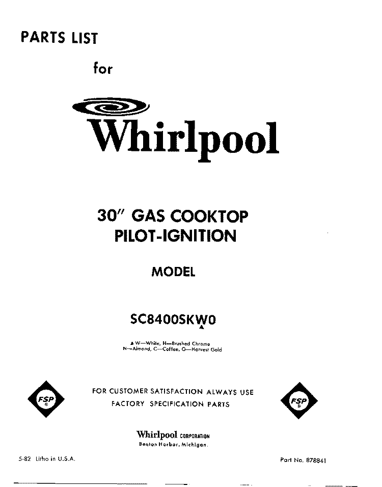 SECTION Diagram and Parts List for SC8400SKW0  Whirlpool Cooktop