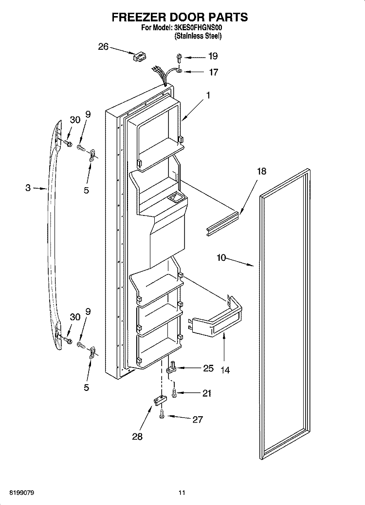 FREEZER DOOR PARTS Diagram and Parts List for 3KES0FHGNS00  Whirlpool Refrigerator