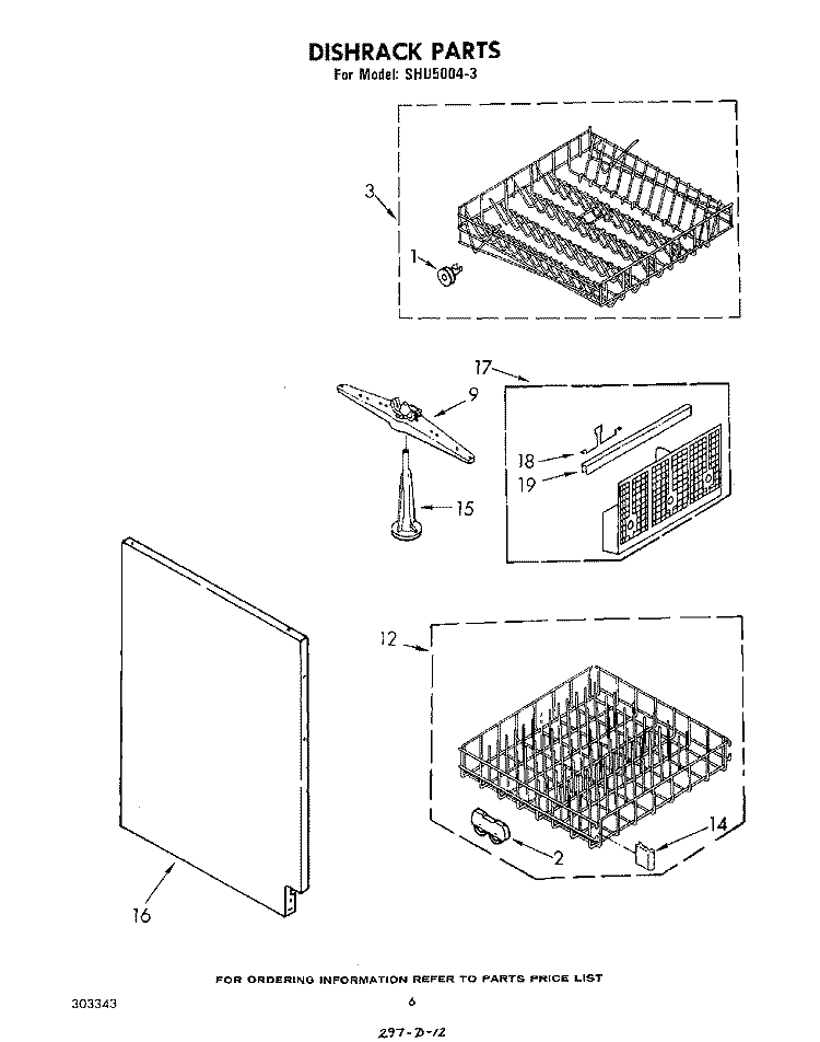 DISHRACK Diagram and Parts List for SHU50043  Whirlpool Dishwasher