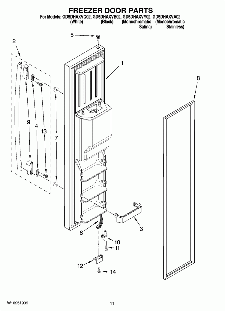 FREEZER DOOR PARTS Diagram and Parts List for GD5DHAXVB02  Whirlpool Refrigerator