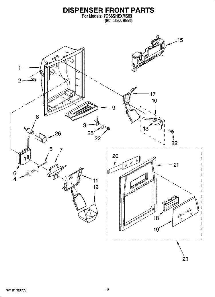 DISPENSER FRONT PARTS Diagram and Parts List for 7GS6SHEXMS03  Whirlpool Refrigerator