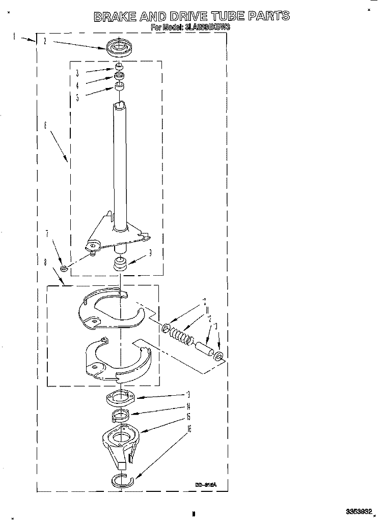 BRAKE AND DRIVE TUBE Diagram and Parts List for 3LA5580XSN3  Whirlpool Washer