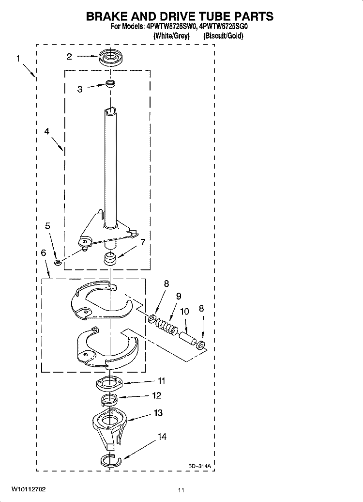 BRAKE AND DRIVE TUBE PARTS Diagram and Parts List for 4PWTW5725SG0  Whirlpool Washer