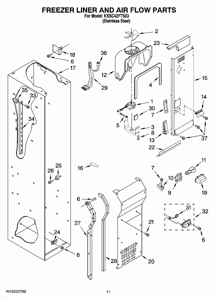 FREEZER LINER AND AIR FLOW PARTS Diagram and Parts List for KSSC42FTS03  KitchenAid Refrigerator