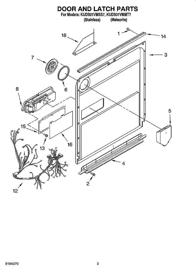 DOOR AND LATCH PARTS Diagram and Parts List for KUDS01VMMT7  KitchenAid Dishwasher