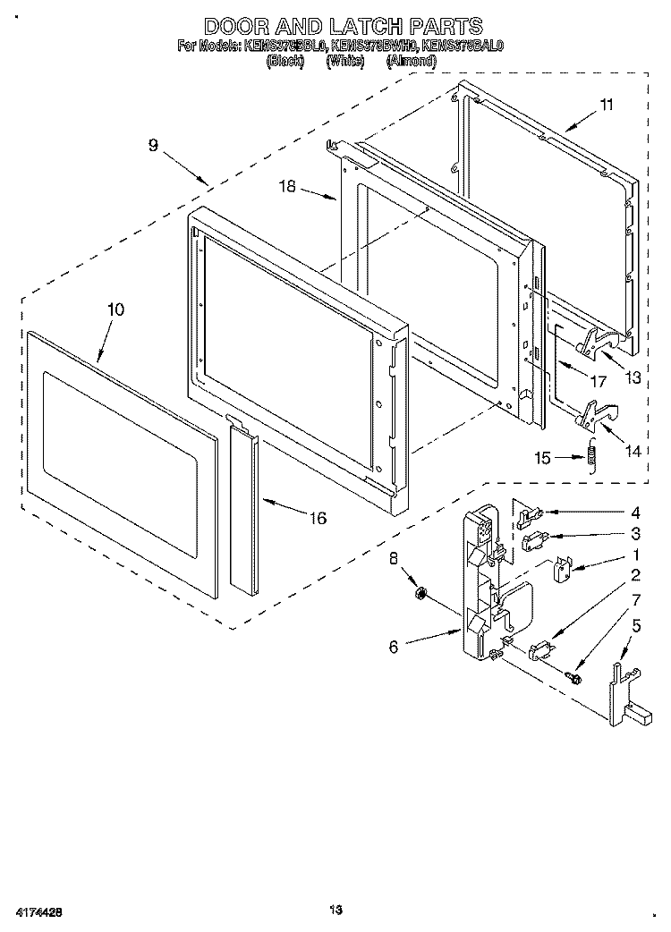 DOOR AND LATCH Diagram and Parts List for KEMS378BAL0  KitchenAid Wall Oven