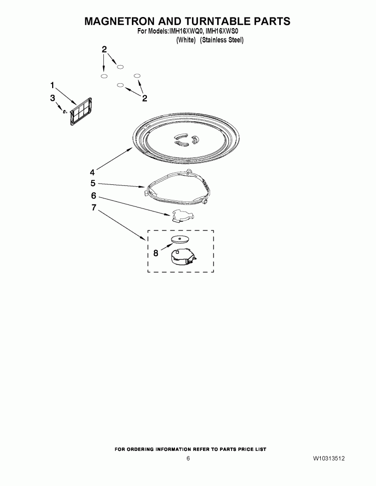 MAGNETRON AND TURNTABLE PARTS Diagram and Parts List for IMH16XWS0  Whirlpool Microwave