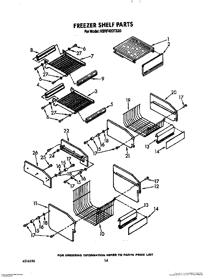 FREEZER SHELF Diagram and Parts List for KSRF42DTX20  KitchenAid Refrigerator