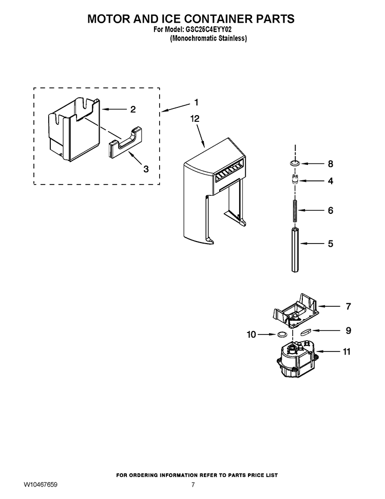 MOTOR AND ICE CONTAINER PARTS Diagram and Parts List for GSC25C4EYY02  Whirlpool Refrigerator