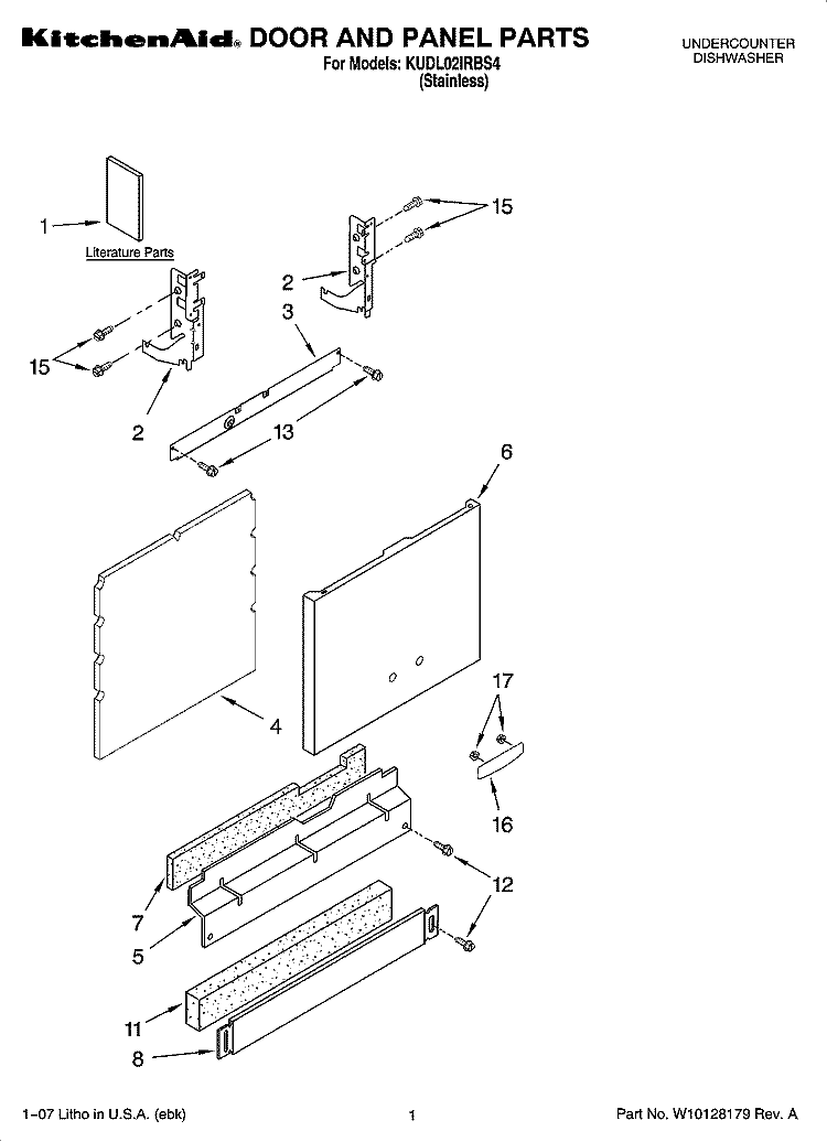 DOOR AND PANEL PARTS Diagram and Parts List for KUDL02IRBS4  KitchenAid Dishwasher