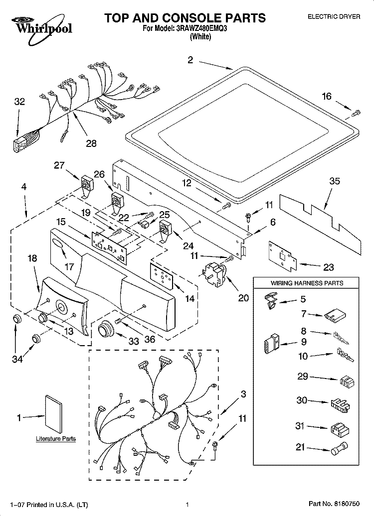 TOP AND CONSOLE PARTS Diagram and Parts List for 3RAWZ480EMQ3  Whirlpool Dryer