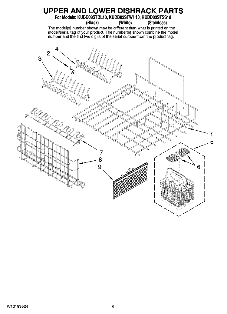 UPPER AND LOWER DISHRACK PARTS Diagram and Parts List for KUDD03STBL10  KitchenAid Dishwasher