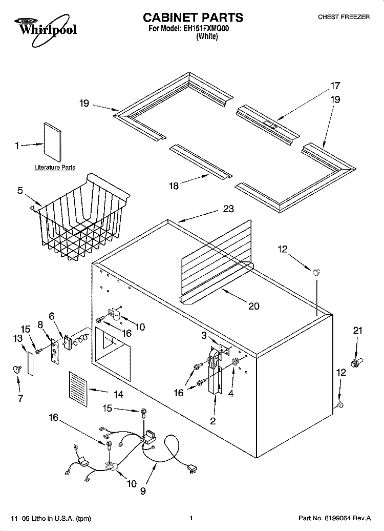 CABINET PARTS Diagram and Parts List for EH151FXMQ00  Whirlpool Freezer