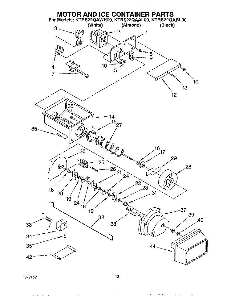 MOTOR AND ICE CONTAINER Diagram and Parts List for KTRS22QAWH00  KitchenAid Refrigerator