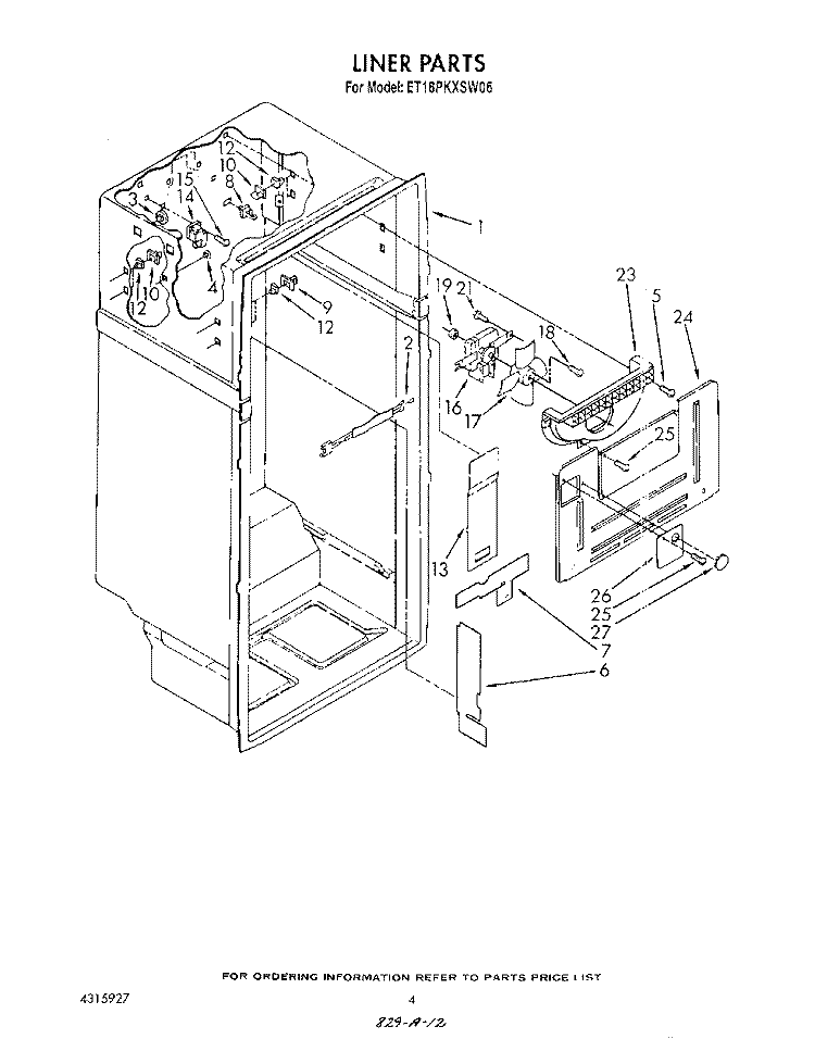 LINER Diagram and Parts List for ET18PKXSW06  Whirlpool Refrigerator