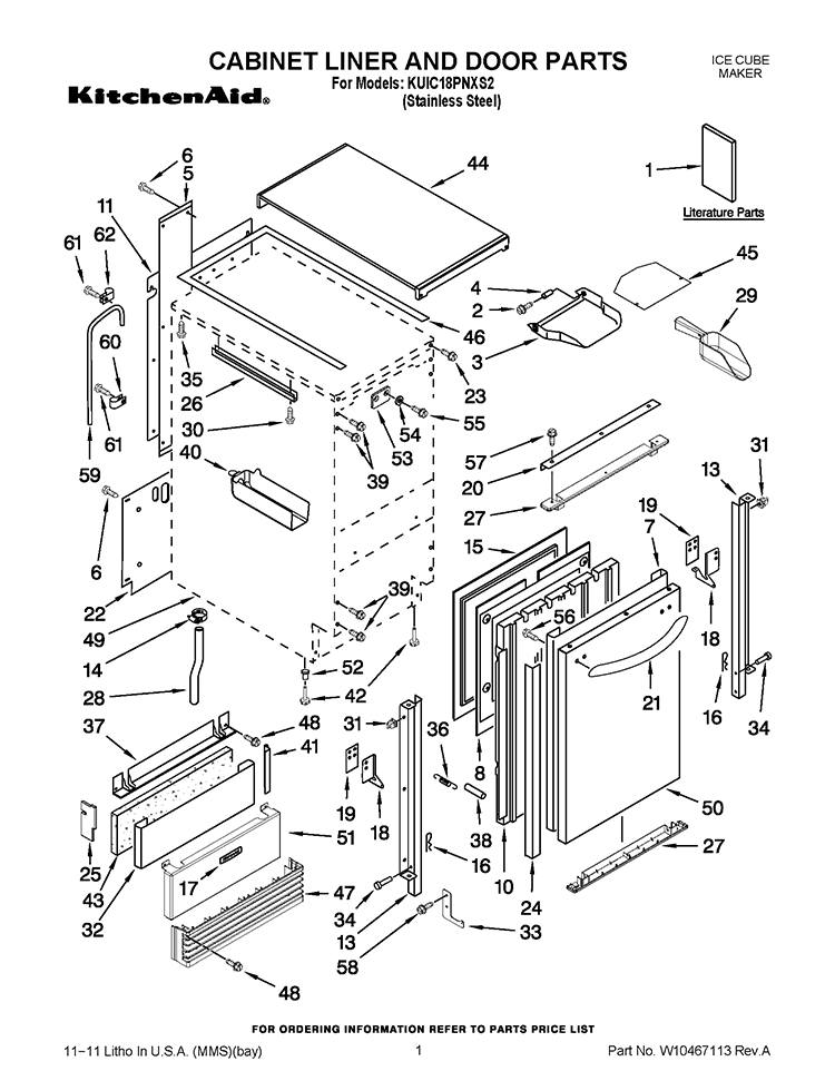 CABINET LINER AND DOOR PARTS Diagram and Parts List for KUIC18PNXS2  KitchenAid Ice Maker