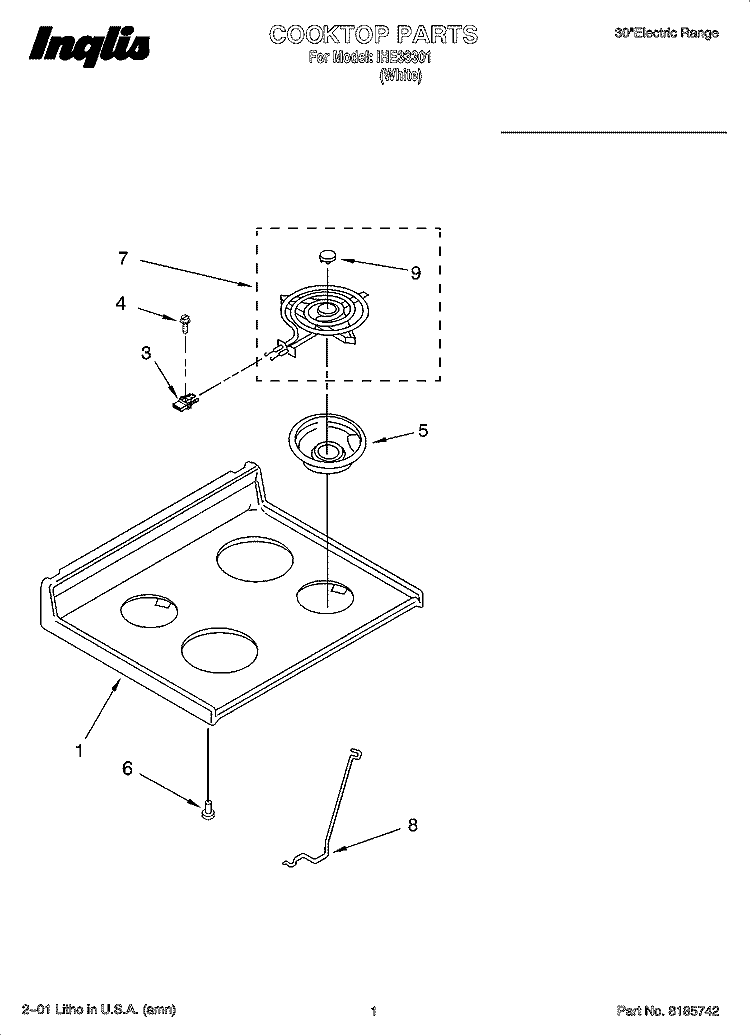 COOKTOP PARTS Diagram and Parts List for IHE33301  Inglis Range