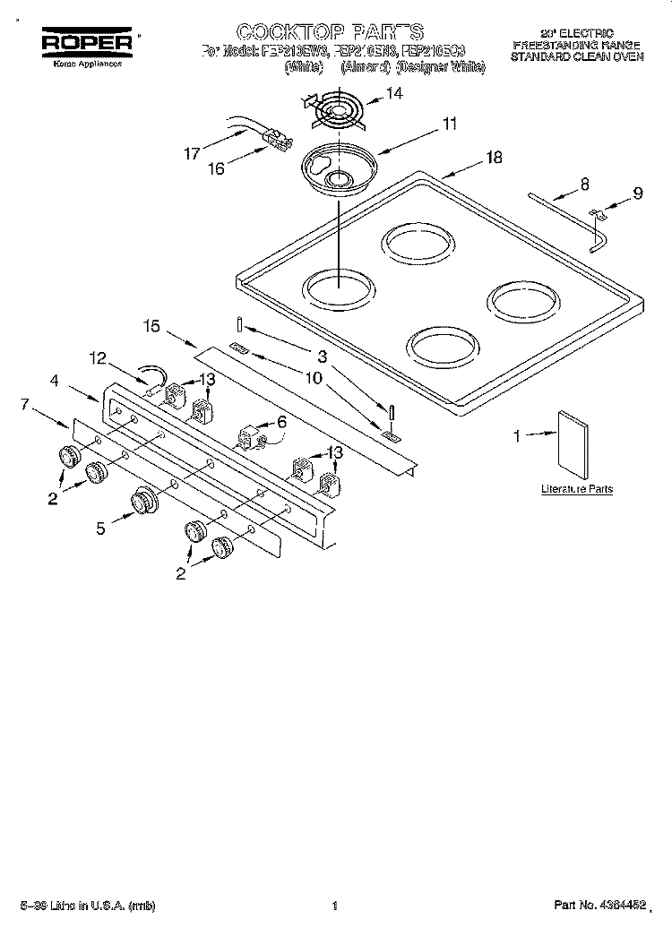 COOKTOP, LITERATURE Diagram and Parts List for FEP210EN3  Roper Range