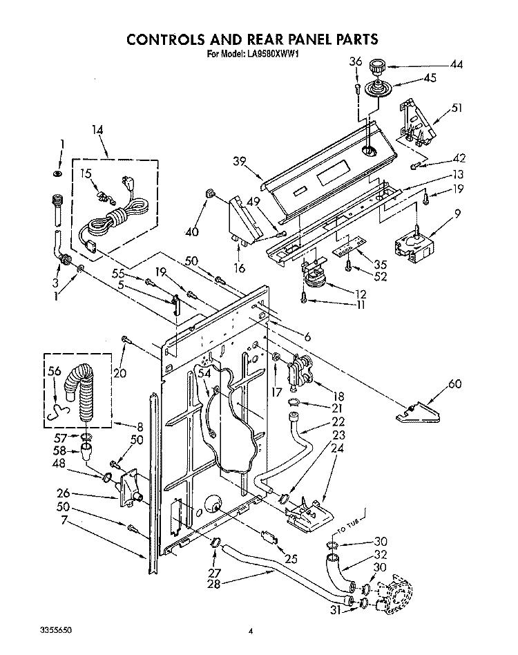 CONTROLS AND REAR PANEL Diagram and Parts List for LA9580XWF1  Whirlpool Washer