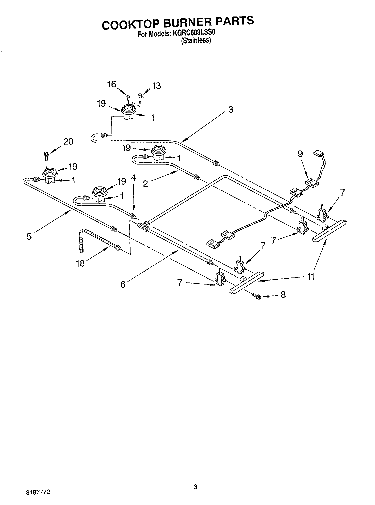 COOKTOP BURNER PARTS Diagram and Parts List for KGRC608LSS0  KitchenAid Range