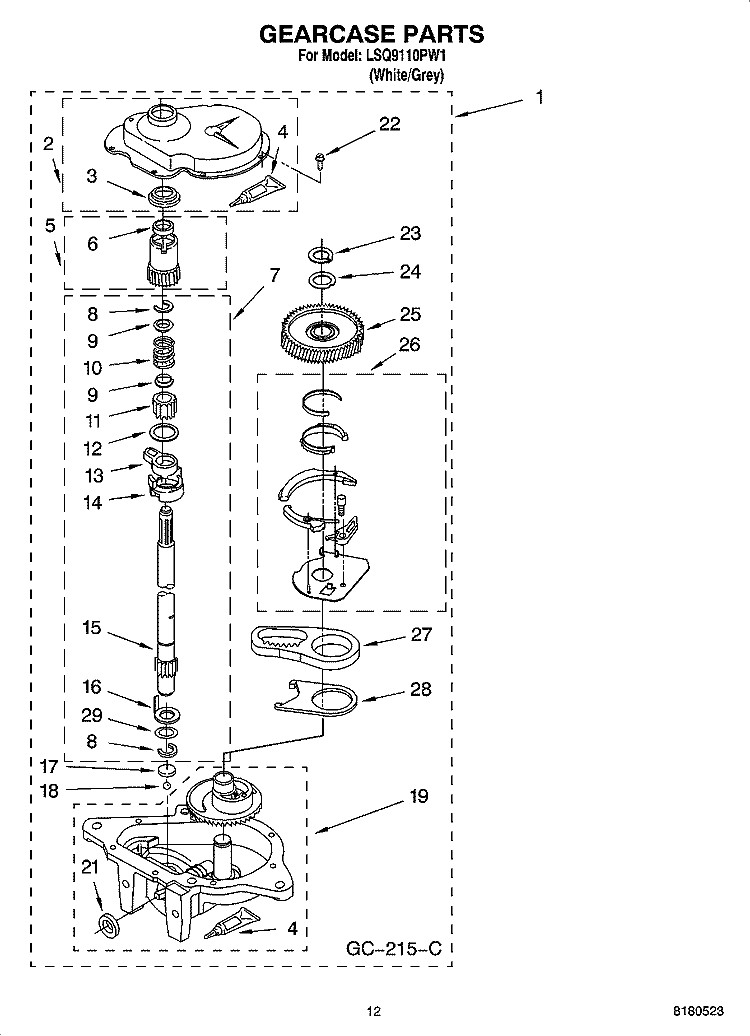 GEARCASE PARTS Diagram and Parts List for LSQ9110PW1  Whirlpool Washer