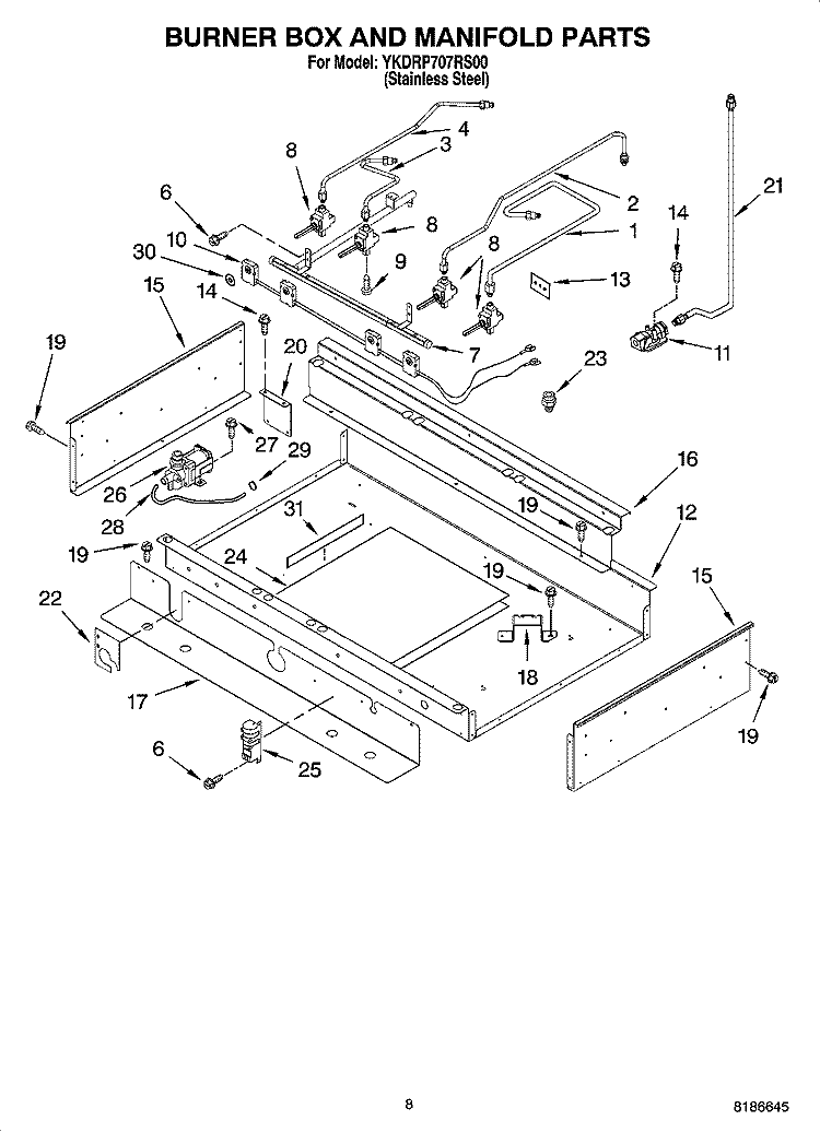 BURNER BOX AND MANIFOLD PARTS Diagram and Parts List for YKDRP707RS00  KitchenAid Range