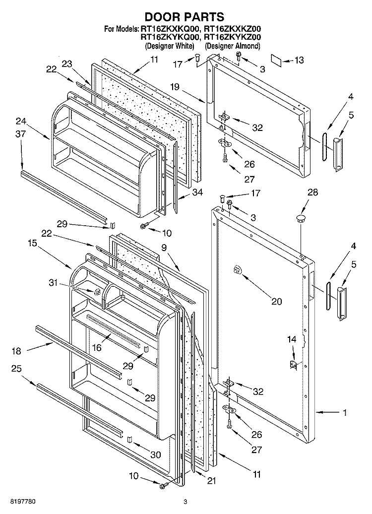 DOOR Diagram and Parts List for RT16ZKYKQ00  Roper Refrigerator