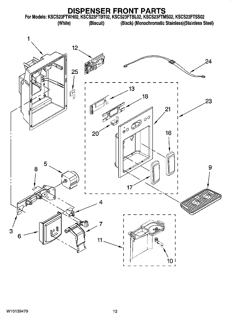 DISPENSER FRONT PARTS Diagram and Parts List for KSCS23FTMS02  KitchenAid Refrigerator