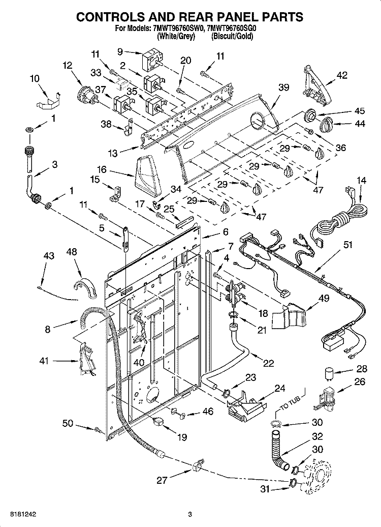 CONTROLS AND REAR PANEL PARTS Diagram and Parts List for 7MWT96760SG0  Whirlpool Washer
