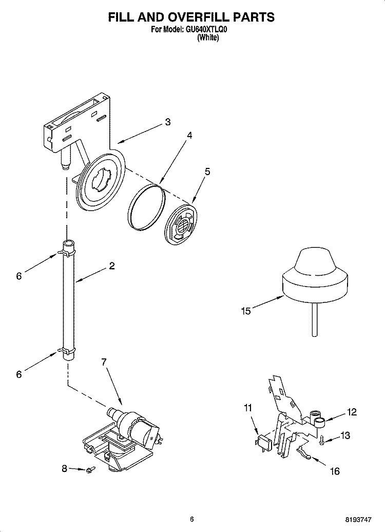 FILL AND OVERFILL PARTS Diagram and Parts List for GU640XTLQ0  Whirlpool Dishwasher
