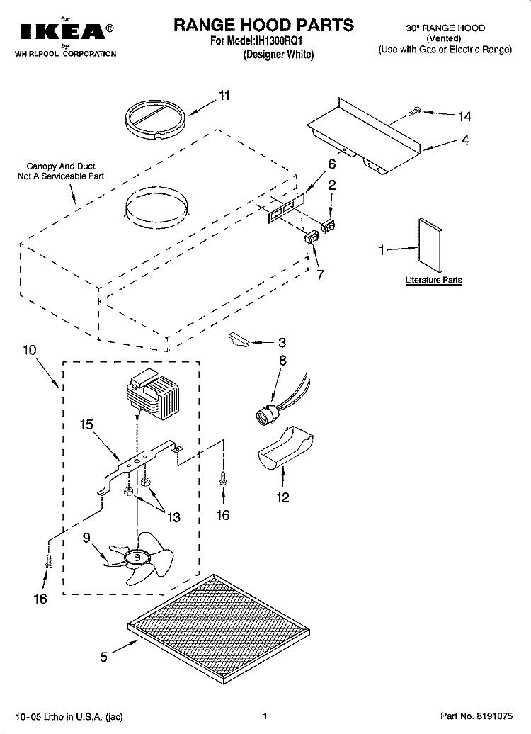 RANGE HOOD PARTS Diagram and Parts List for IH1300RQ1  Whirlpool Range Hood