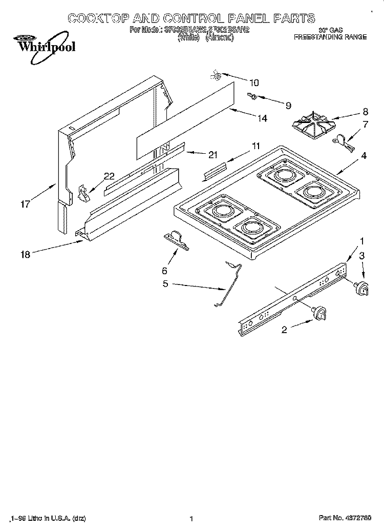 COOKTOP AND CONTROL PANEL, LITERATURE Diagram and Parts List for SF302BSAN2  Whirlpool Range