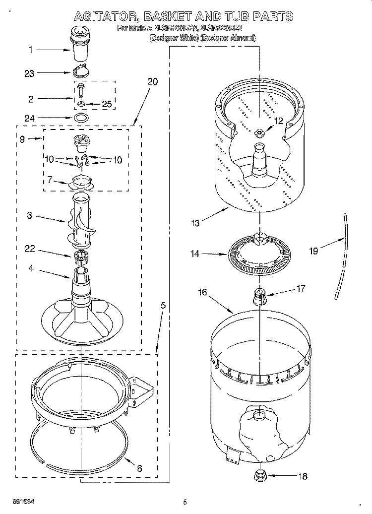 AGITATOR, BASKET AND TUB Diagram and Parts List for 2LSR5233BQ2  Whirlpool Washer