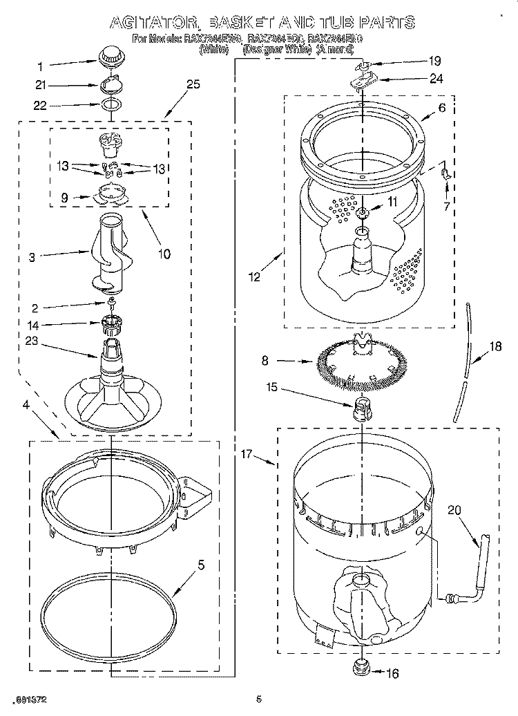 AGITATOR, BASKET AND TUB Diagram and Parts List for RAX7244EN0  Roper Washer