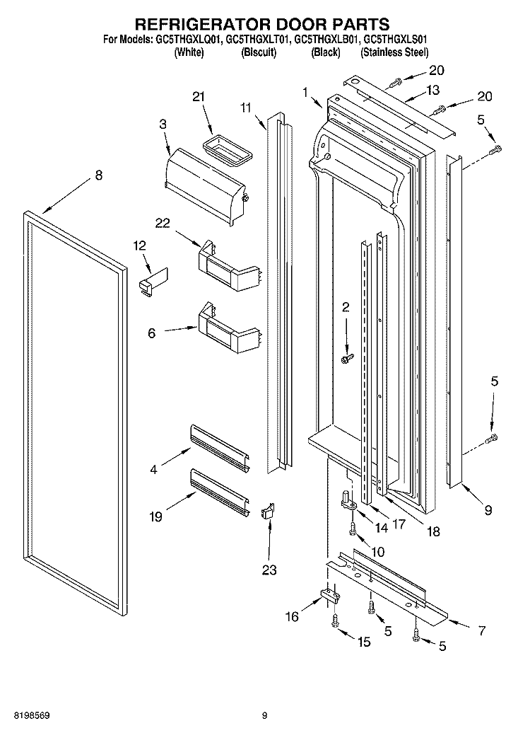 REFRIGERATOR DOOR PARTS Diagram and Parts List for GC5THGXLB01  Whirlpool Refrigerator