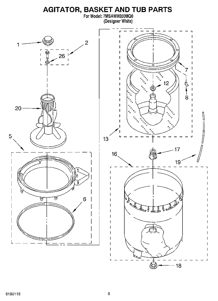AGITATOR, BASKET AND TUB PARTS Diagram and Parts List for 7MSAWX650MQ0  Whirlpool Washer