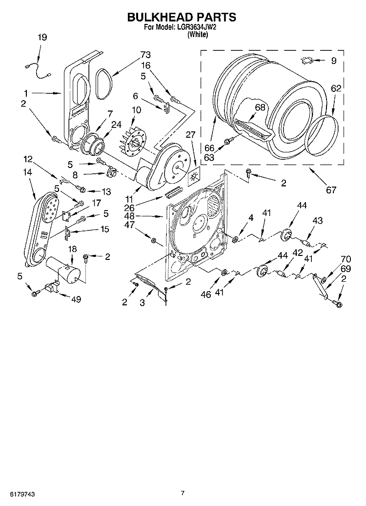 BULKHEAD Diagram and Parts List for LGR3634JW2  Whirlpool Dryer